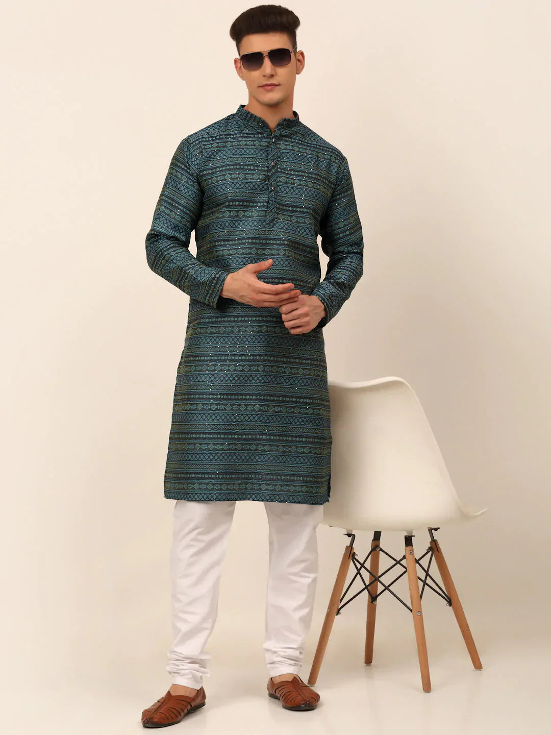 Jompers Men's Printed Sequinned Kurta Only - Teal
