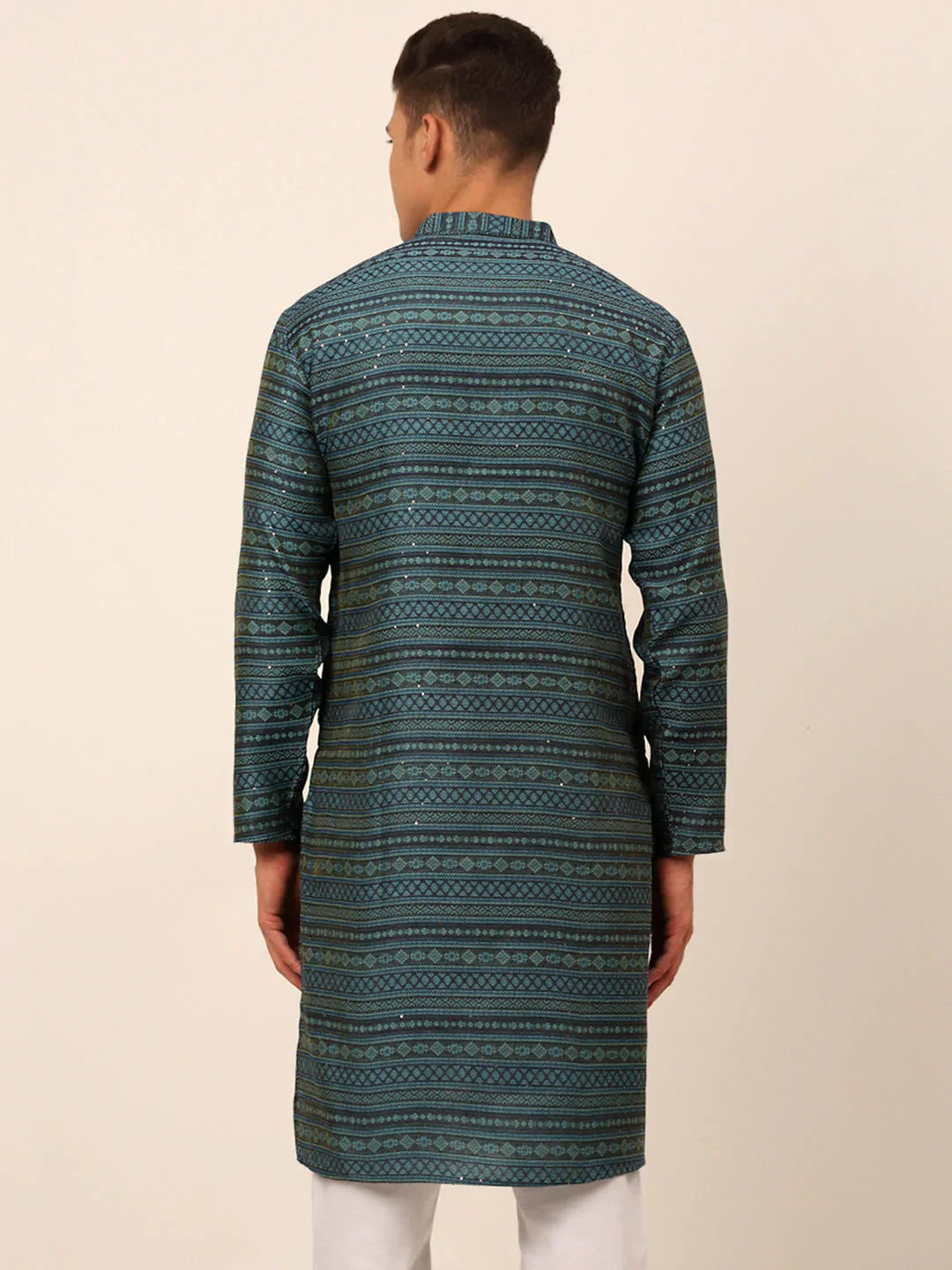 Jompers Men's Printed Sequinned Kurta Only - Teal
