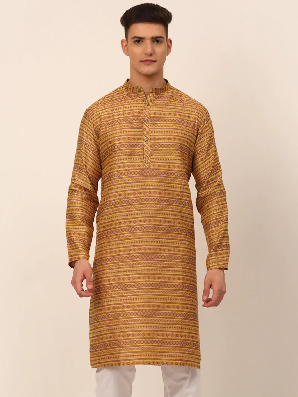 Jompers Men's Printed Sequinned Kurta Only - Yellow