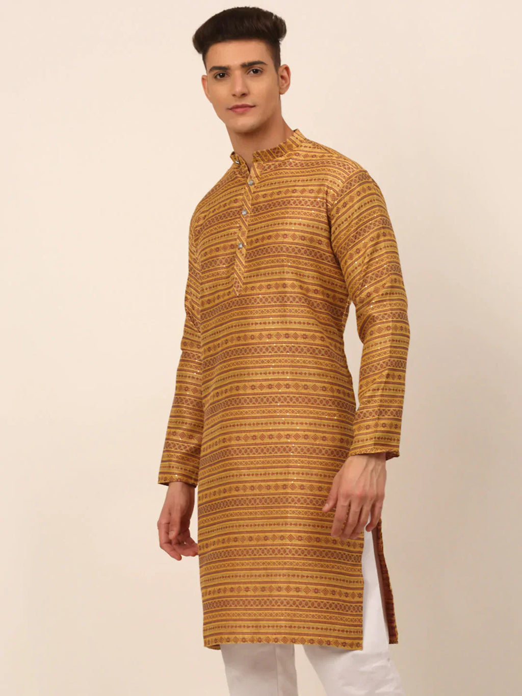 Jompers Men's Printed Sequinned Kurta Only - Yellow