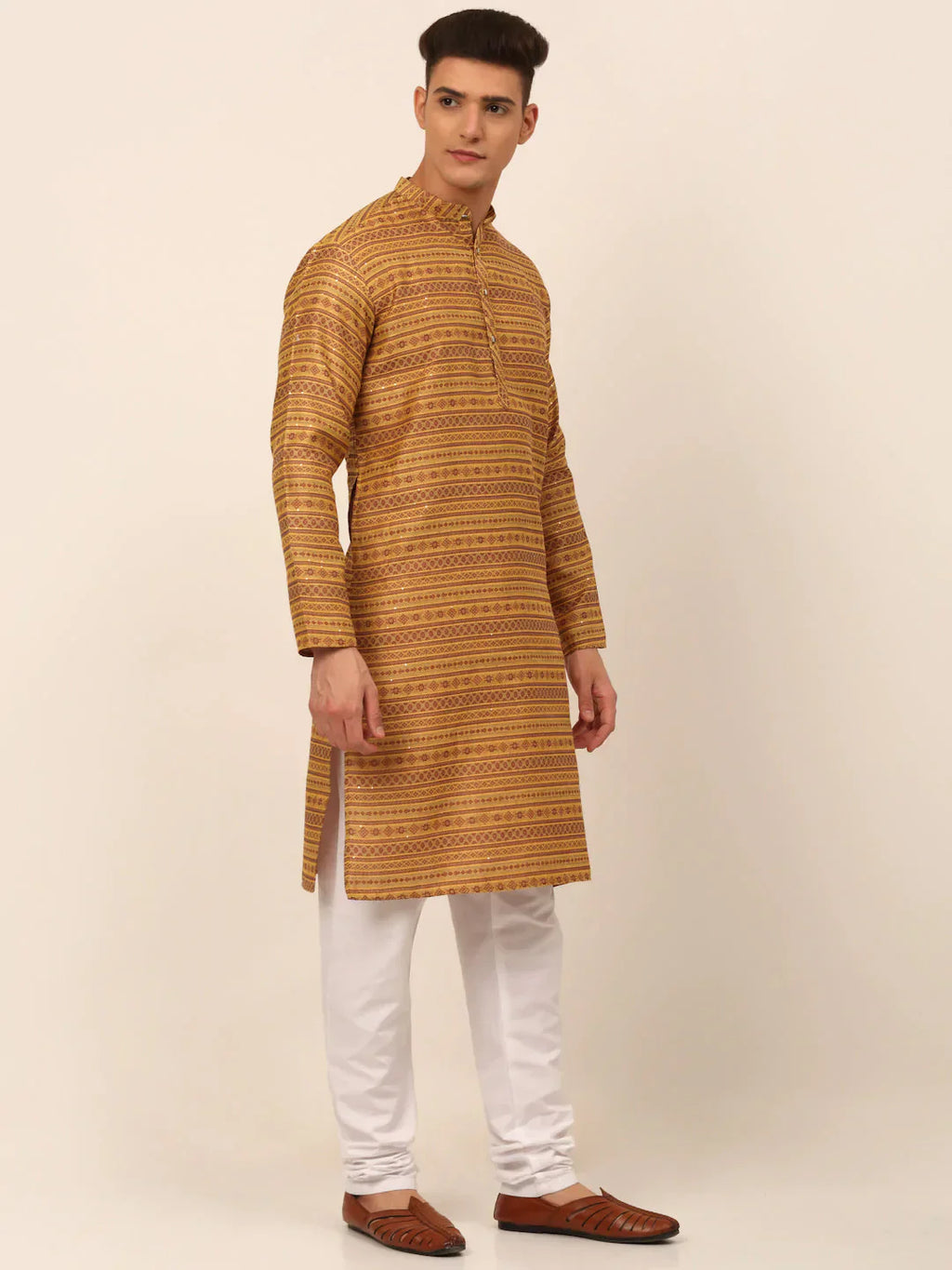 Jompers Men's Printed Sequinned Kurta Only - Yellow