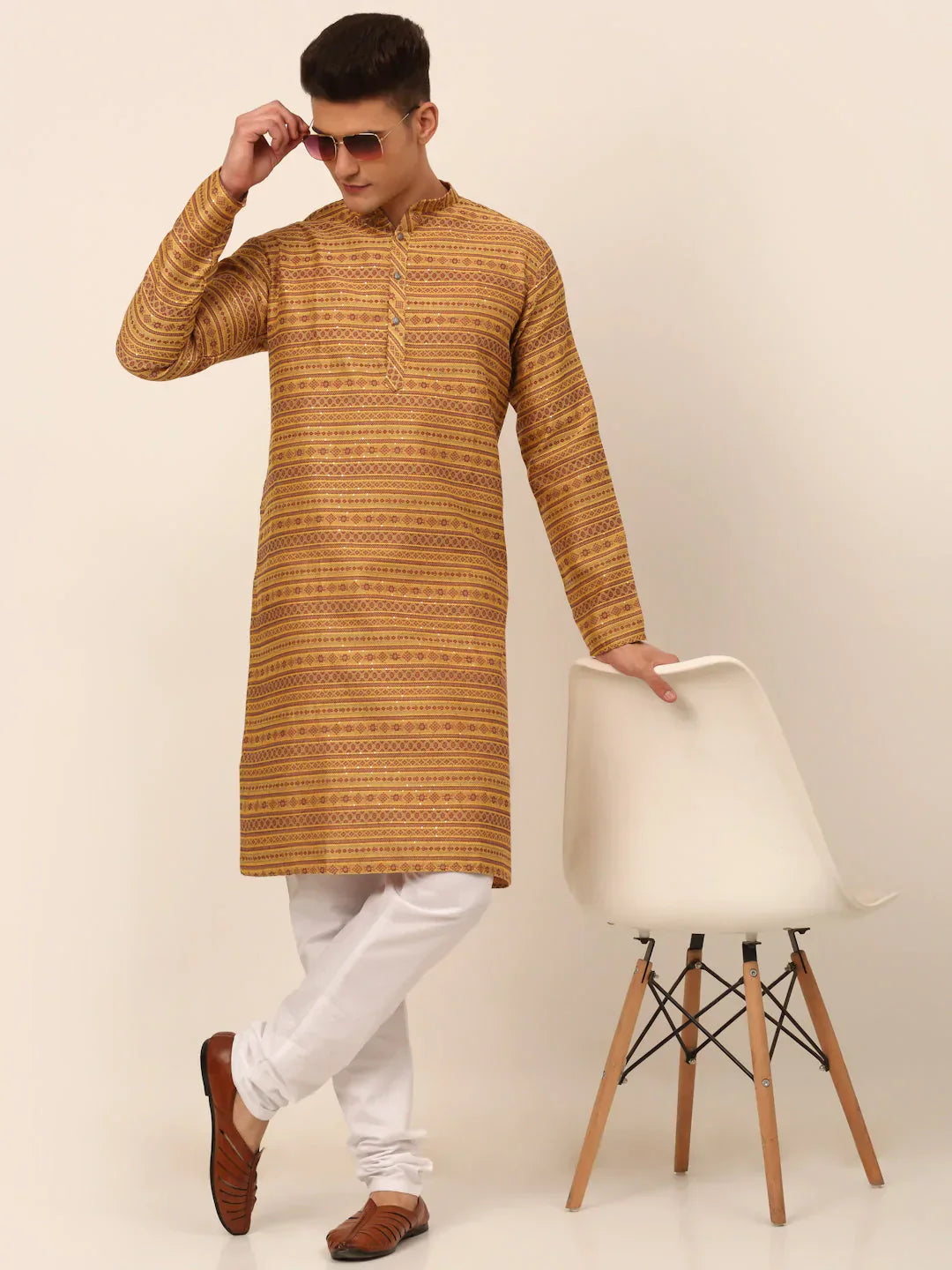 Jompers Men's Printed Sequinned Kurta Only - Yellow