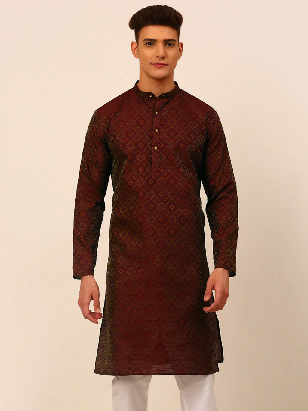 Jompers Men's Maroon Floral Printed Kurta Only