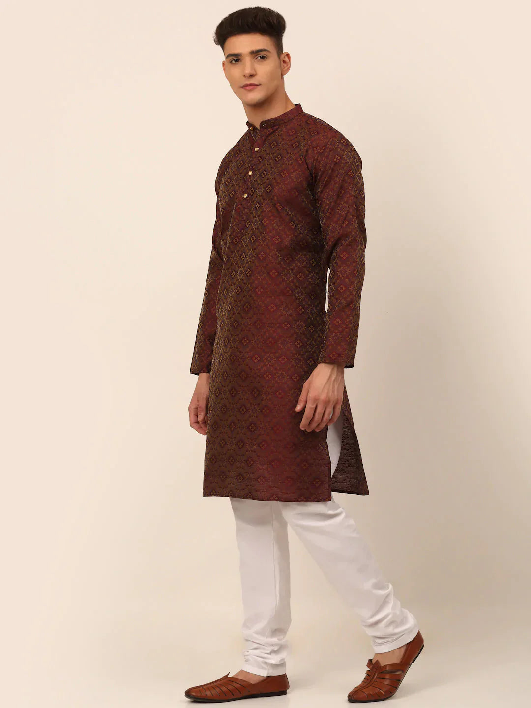 Jompers Men's Maroon Floral Printed Kurta Only