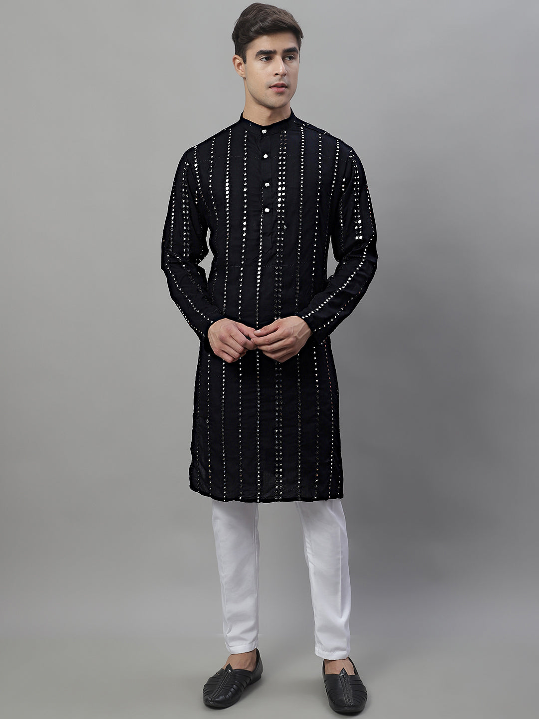 Jompers Men's Embroidered Mirror Work Kurta - Black