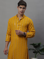 Jompers Men's Embroidered Mirror Work Kurta - Mustard