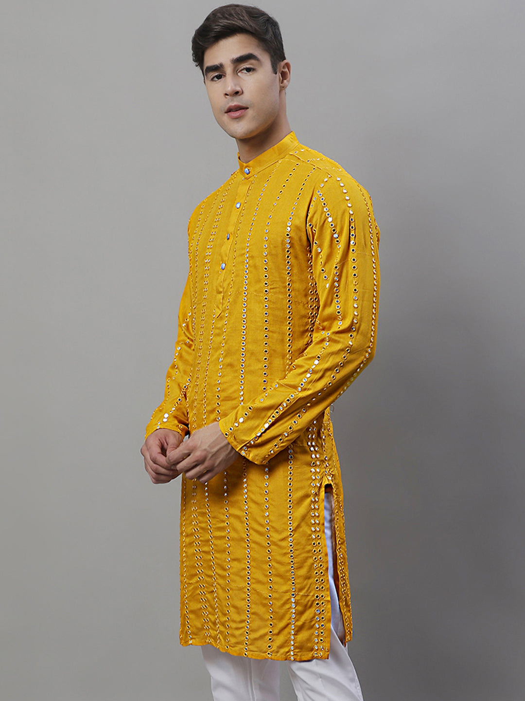 Jompers Men's Embroidered Mirror Work Kurta - Mustard