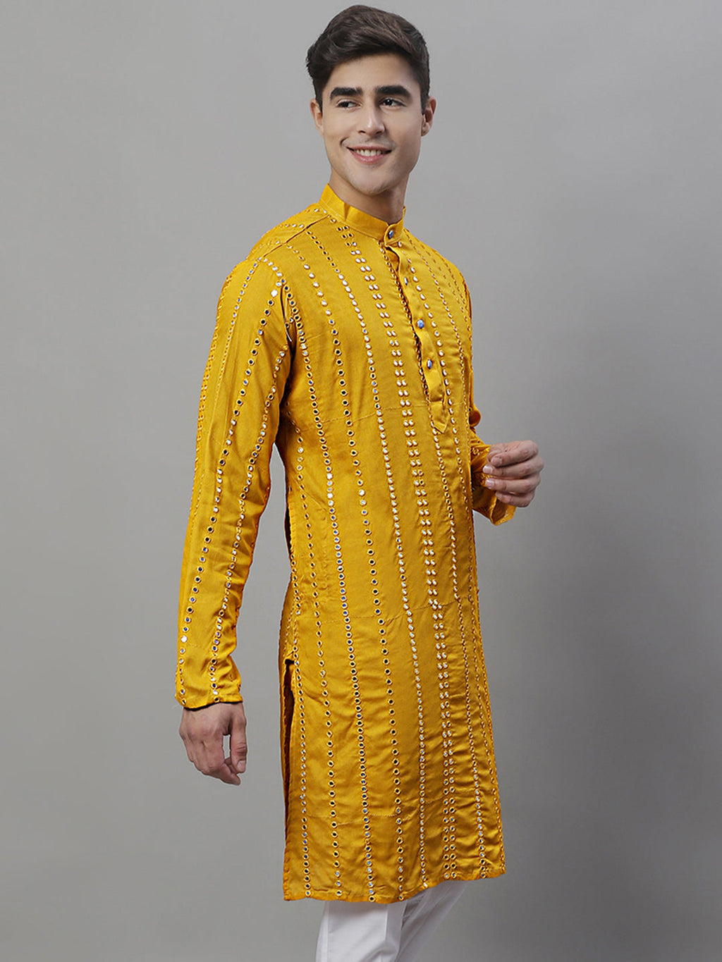 Jompers Men's Embroidered Mirror Work Kurta - Mustard
