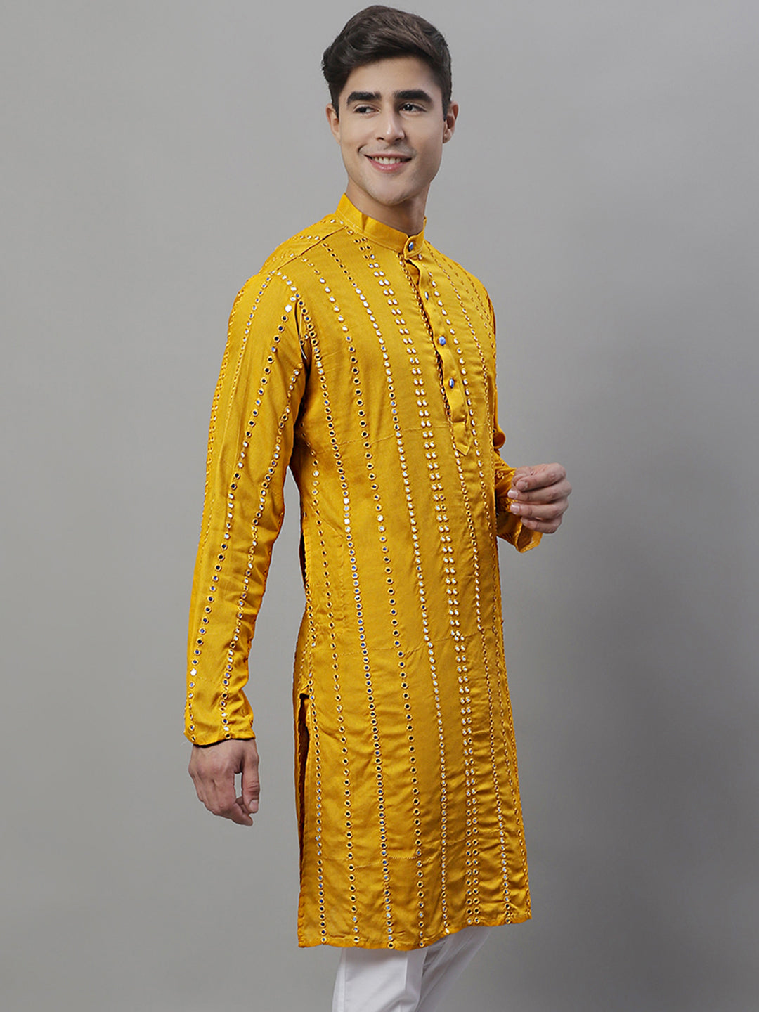 Jompers Men's Embroidered Mirror Work Kurta - Mustard