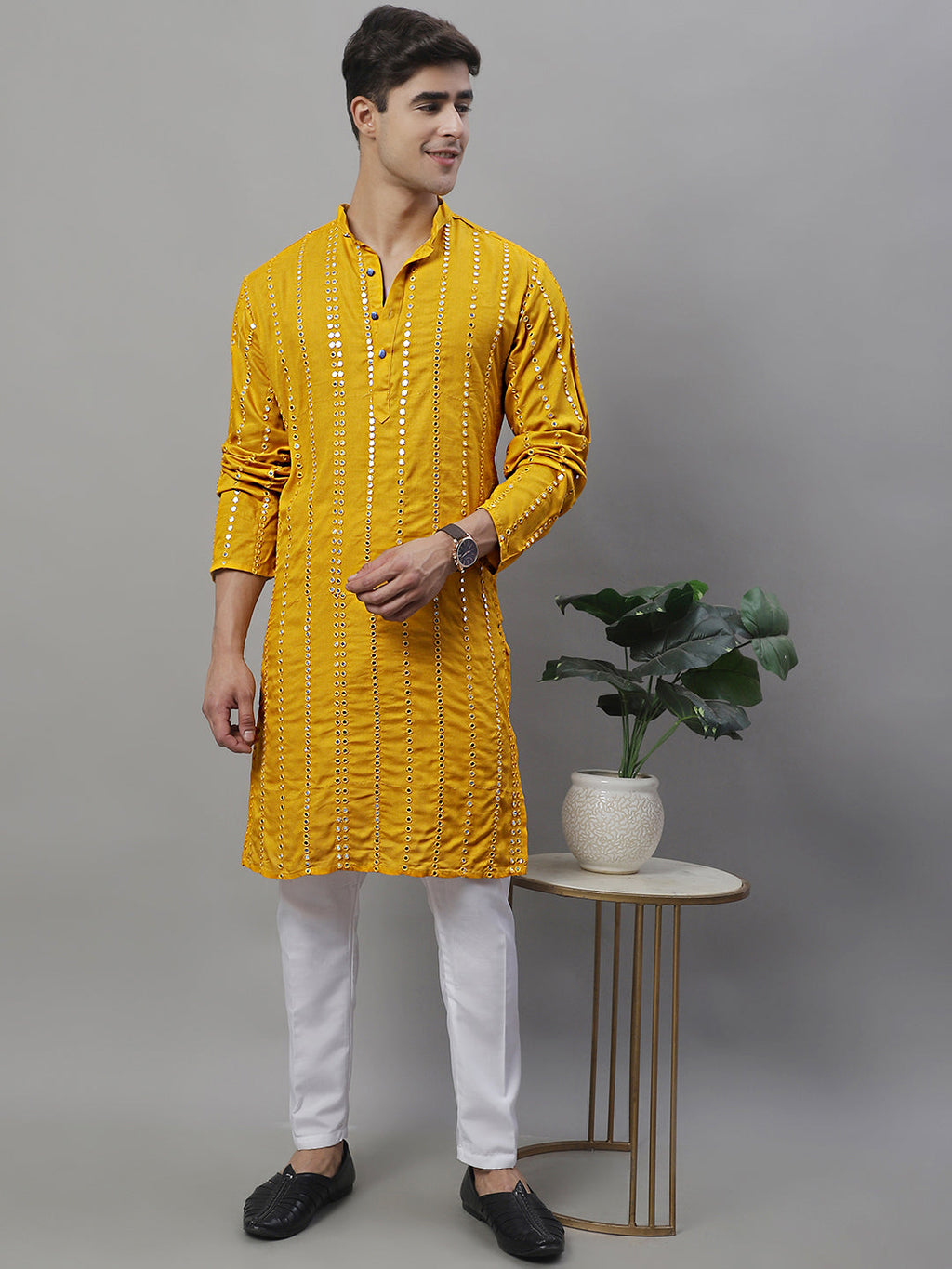 Jompers Men's Embroidered Mirror Work Kurta - Mustard