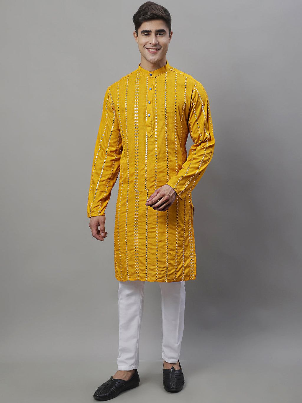 Jompers Men's Embroidered Mirror Work Kurta - Mustard