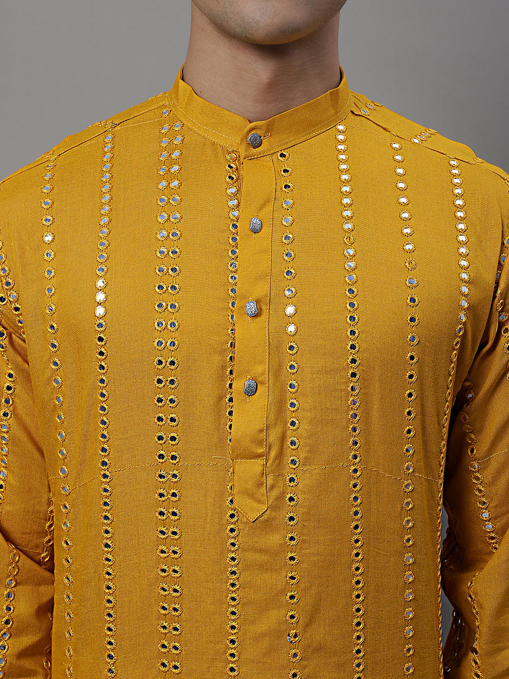 Jompers Men's Embroidered Mirror Work Kurta - Mustard