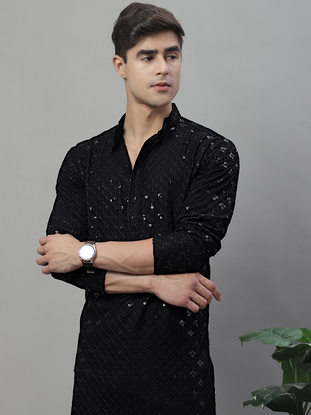 Jompers Men's Black Chikankari Embroidered and Sequence Kurta