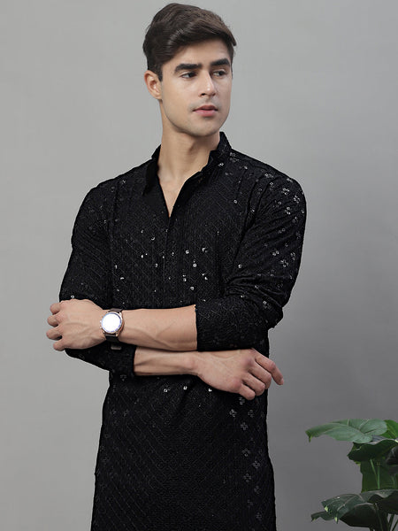 Jompers Men's Black Chikankari Embroidered and Sequence Kurta