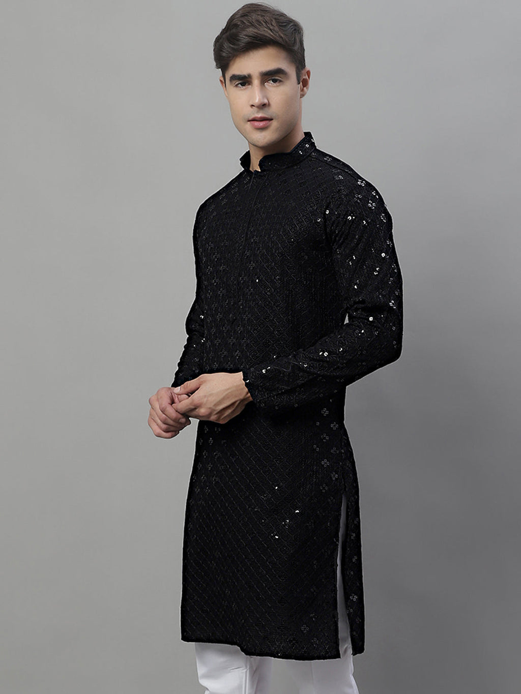 Jompers Men's Black Chikankari Embroidered and Sequence Kurta