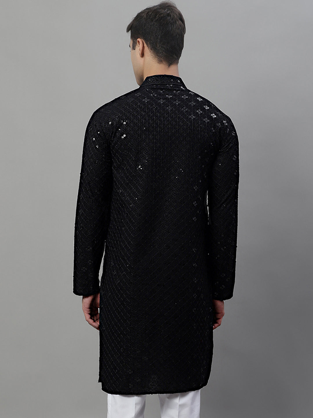 Jompers Men's Black Chikankari Embroidered and Sequence Kurta