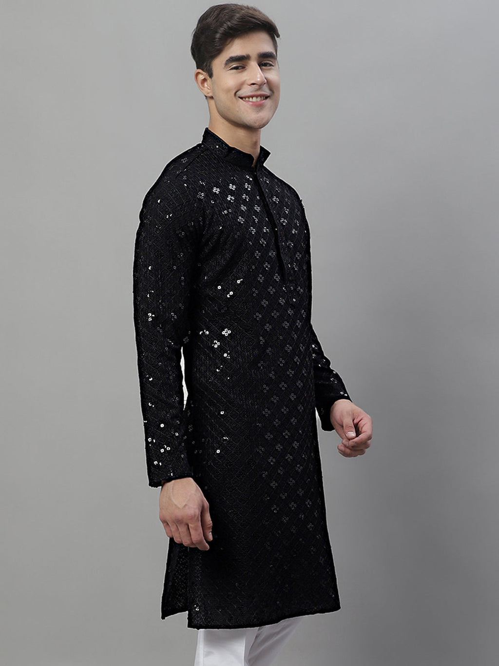 Jompers Men's Black Chikankari Embroidered and Sequence Kurta