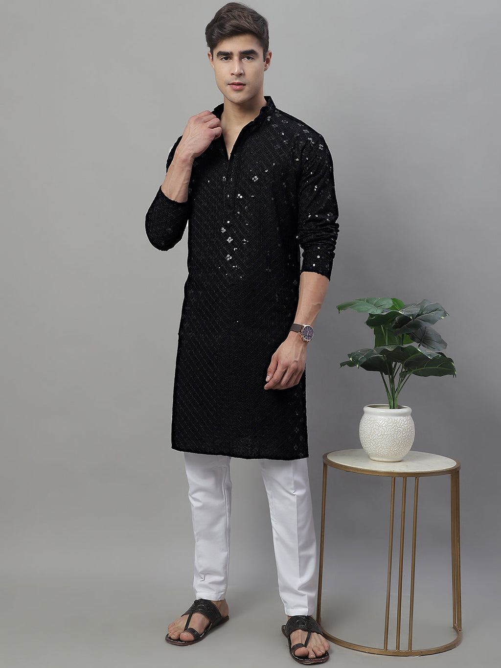Jompers Men's Black Chikankari Embroidered and Sequence Kurta
