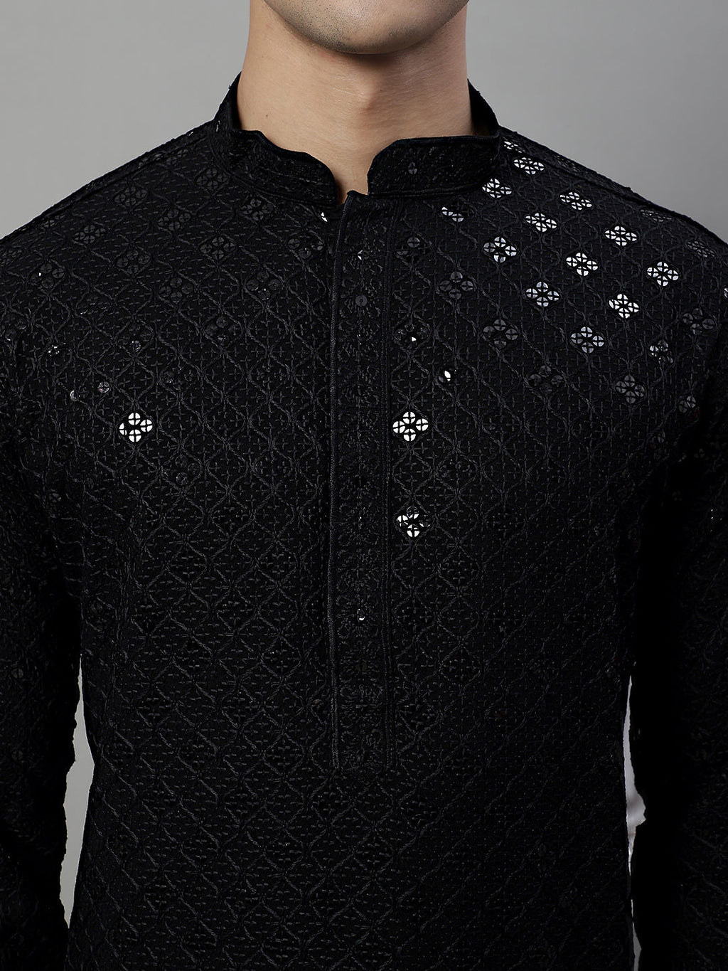 Jompers Men's Black Chikankari Embroidered and Sequence Kurta