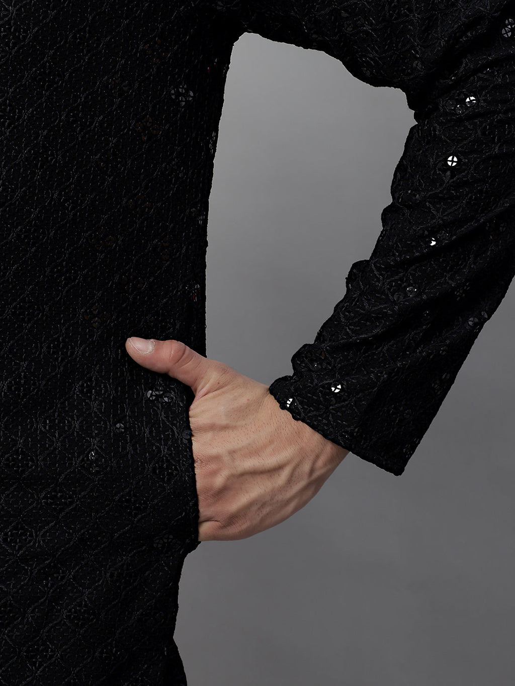 Jompers Men's Black Chikankari Embroidered and Sequence Kurta