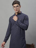 Jompers Men's Grey Chikankari Embroidered and Sequence Kurta
