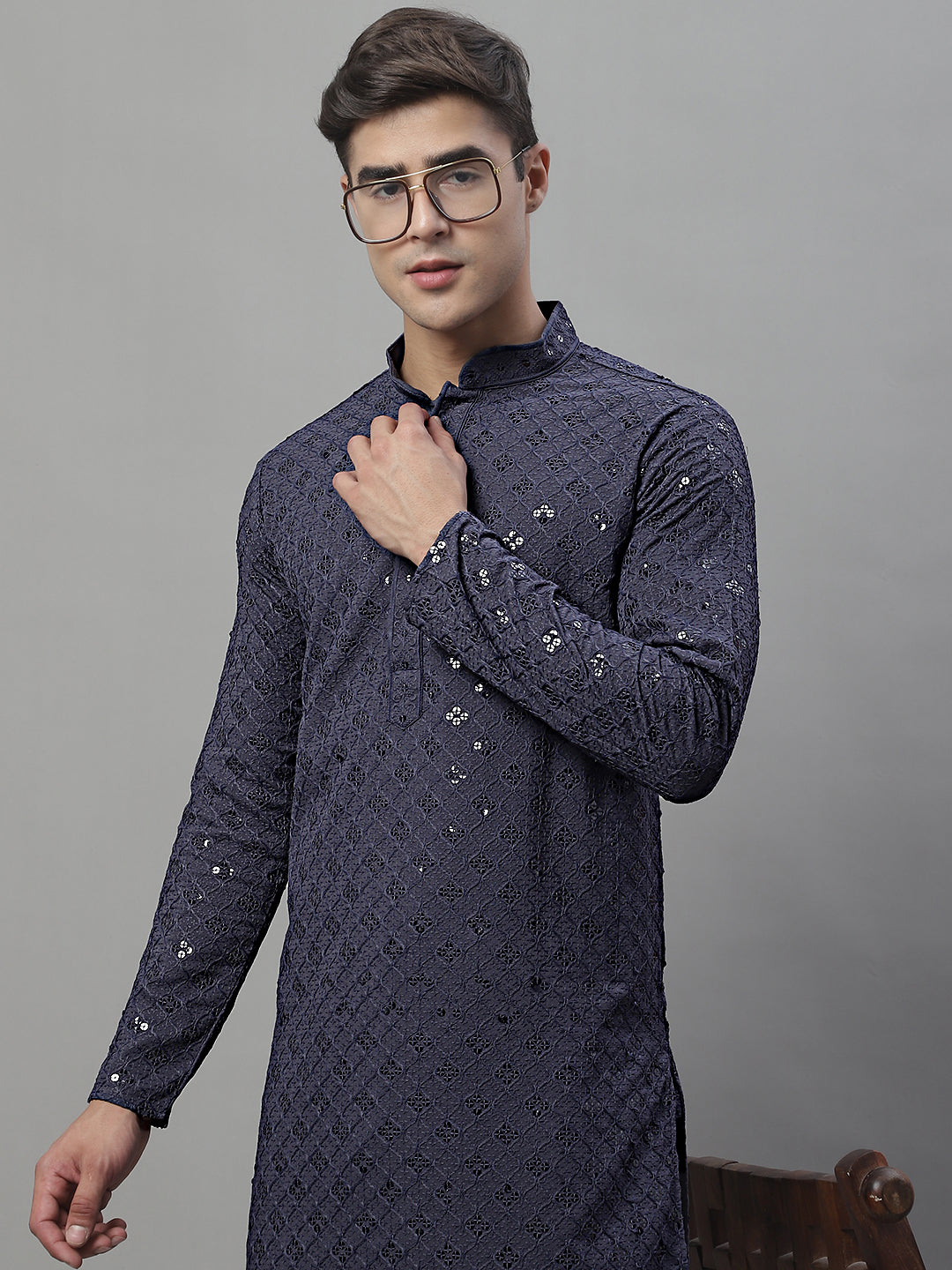 Jompers Men's Grey Chikankari Embroidered and Sequence Kurta