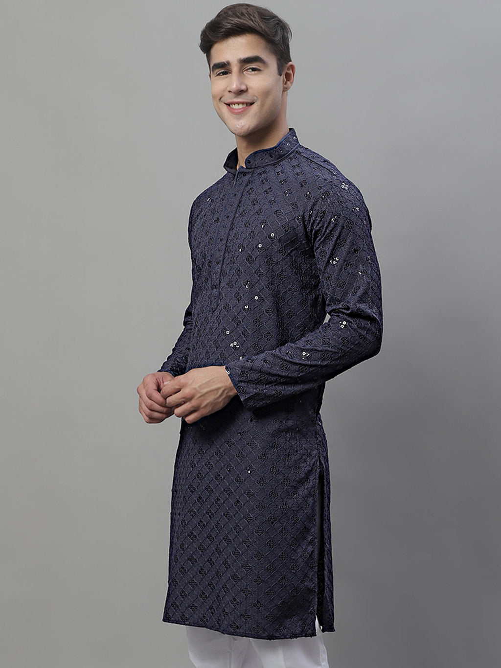Jompers Men's Grey Chikankari Embroidered and Sequence Kurta
