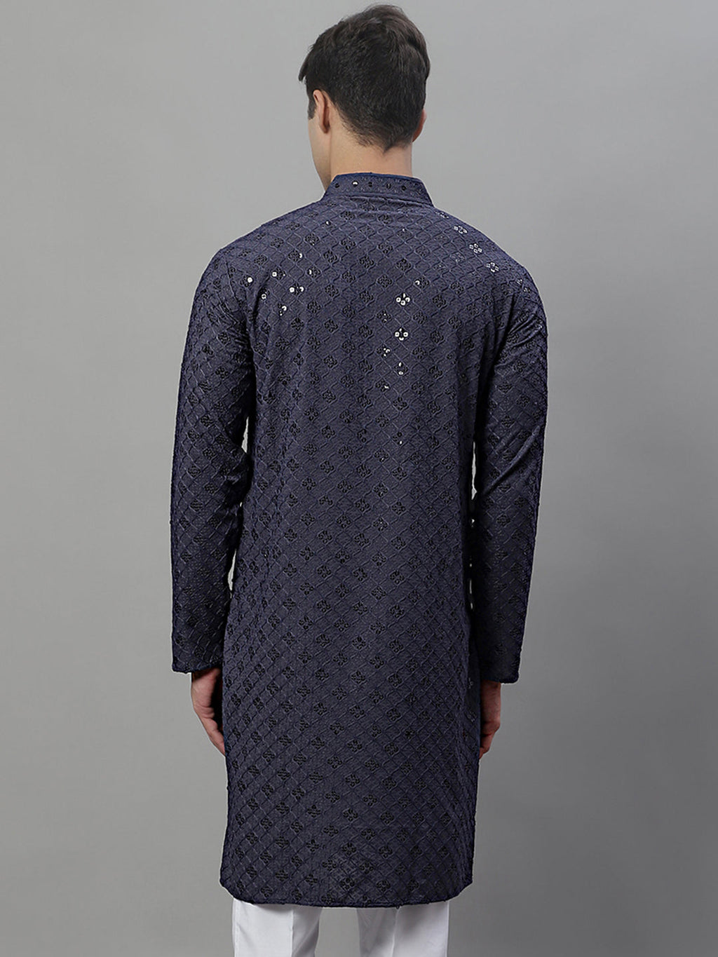 Jompers Men's Grey Chikankari Embroidered and Sequence Kurta