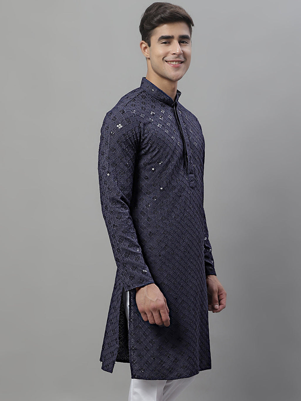 Jompers Men's Grey Chikankari Embroidered and Sequence Kurta