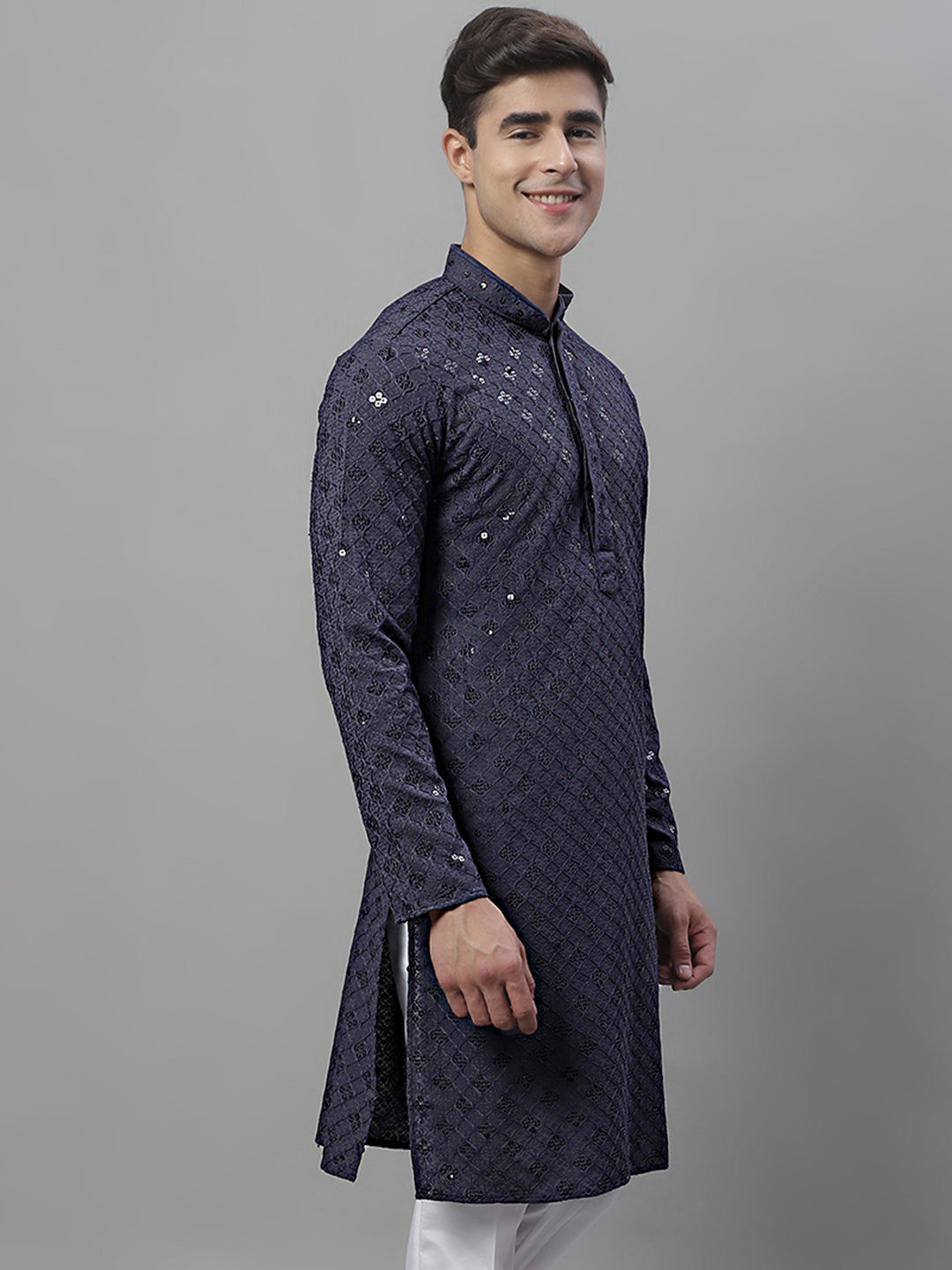 Jompers Men's Grey Chikankari Embroidered and Sequence Kurta