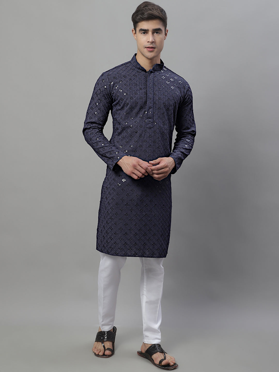 Jompers Men's Grey Chikankari Embroidered and Sequence Kurta