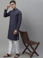 Jompers Men's Grey Chikankari Embroidered and Sequence Kurta