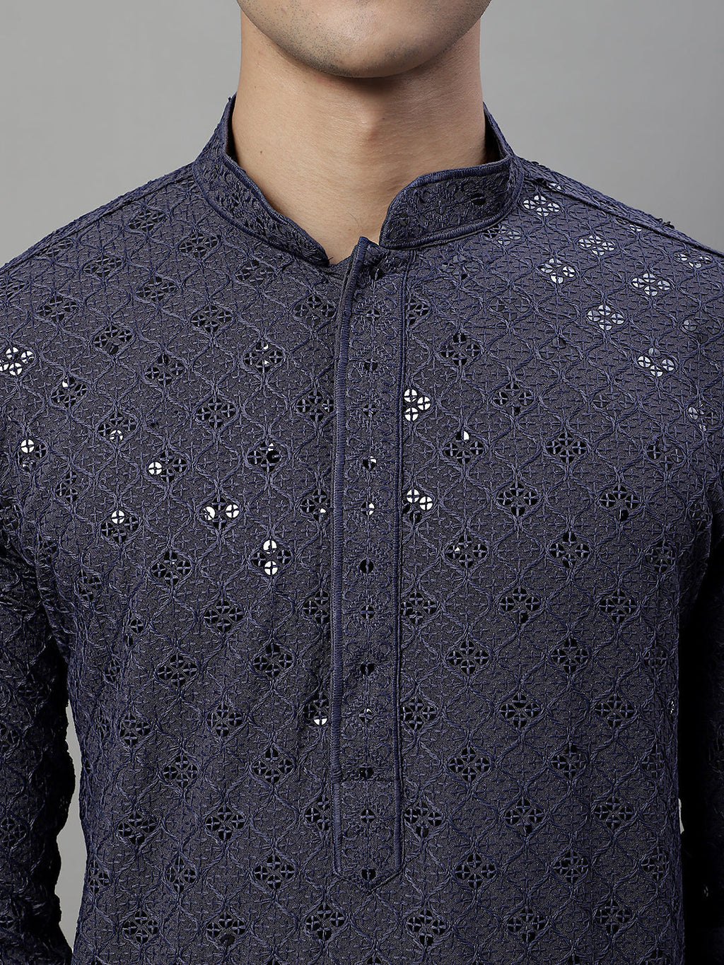 Jompers Men's Grey Chikankari Embroidered and Sequence Kurta