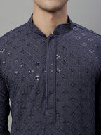 Jompers Men's Grey Chikankari Embroidered and Sequence Kurta