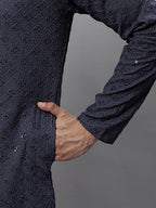 Jompers Men's Grey Chikankari Embroidered and Sequence Kurta