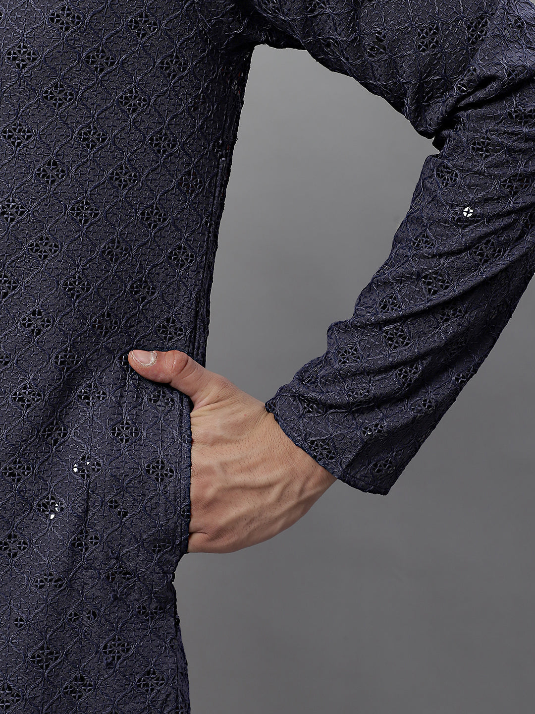 Jompers Men's Grey Chikankari Embroidered and Sequence Kurta