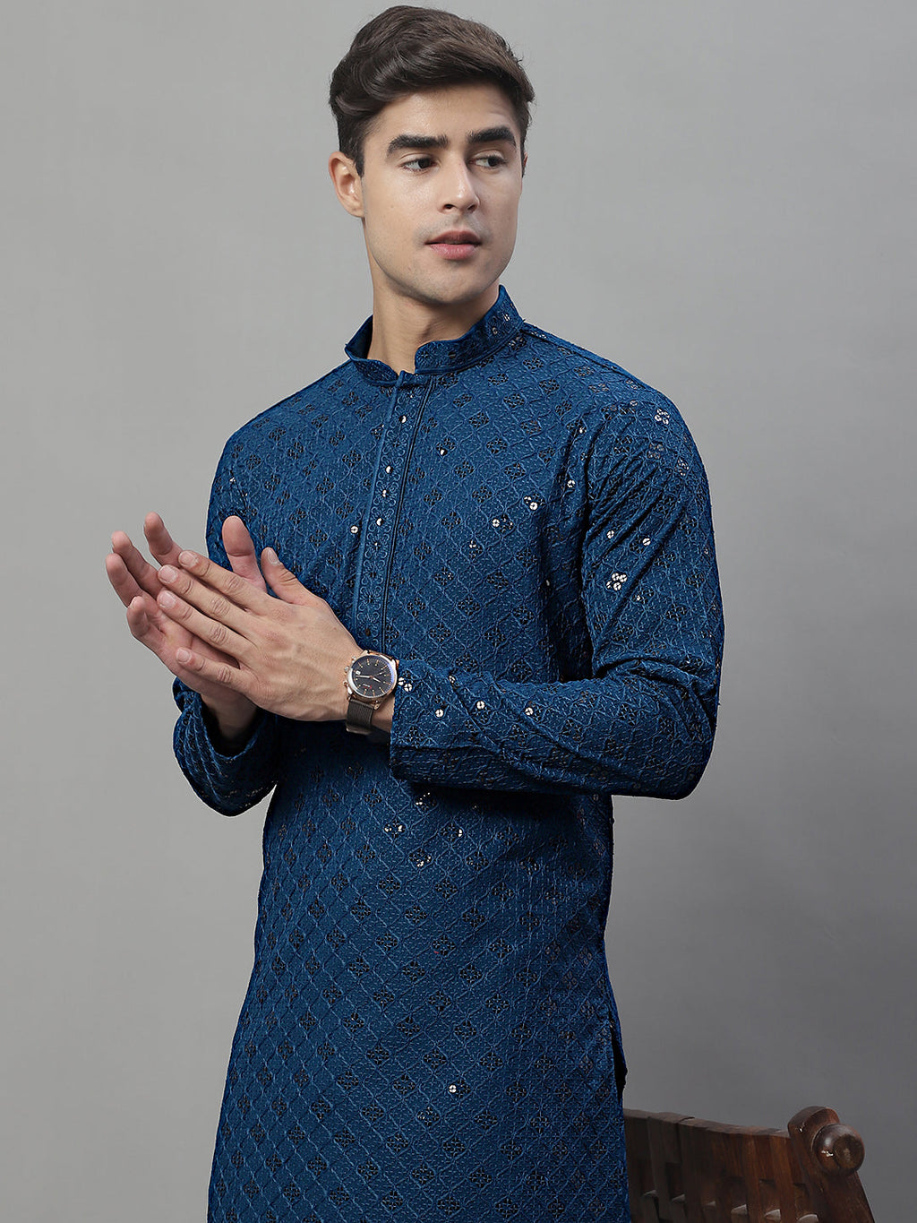 Jompers Men's Peacock Blue Chikankari Embroidered and Sequence Kurta