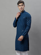 Jompers Men's Peacock Blue Chikankari Embroidered and Sequence Kurta