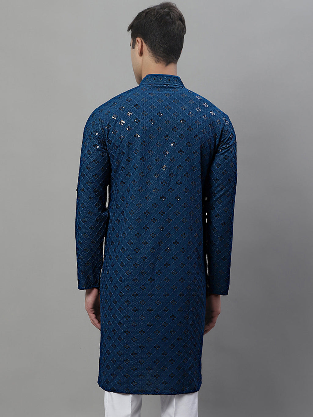 Jompers Men's Peacock Blue Chikankari Embroidered and Sequence Kurta