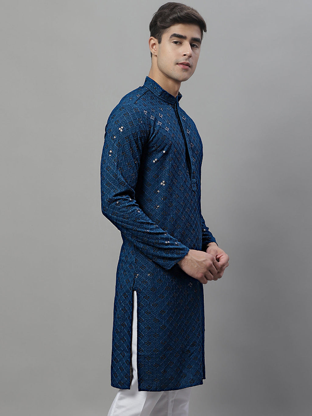 Jompers Men's Peacock Blue Chikankari Embroidered and Sequence Kurta