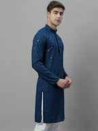 Jompers Men's Peacock Blue Chikankari Embroidered and Sequence Kurta