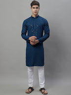 Jompers Men's Peacock Blue Chikankari Embroidered and Sequence Kurta