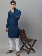 Jompers Men's Peacock Blue Chikankari Embroidered and Sequence Kurta