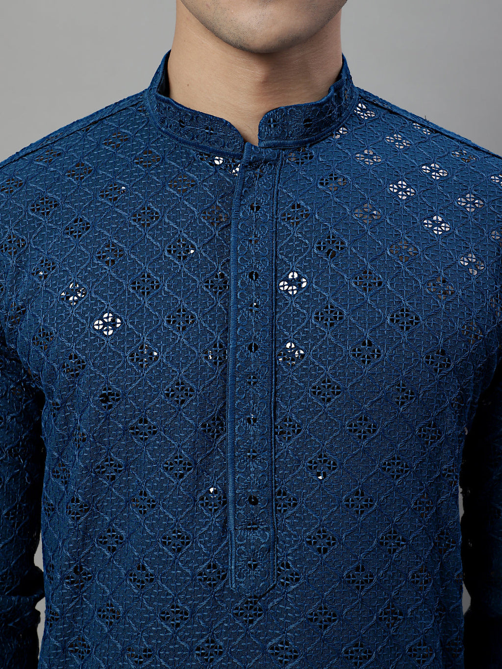 Jompers Men's Peacock Blue Chikankari Embroidered and Sequence Kurta