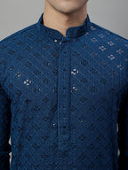 Jompers Men's Peacock Blue Chikankari Embroidered and Sequence Kurta