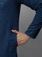 Jompers Men's Peacock Blue Chikankari Embroidered and Sequence Kurta