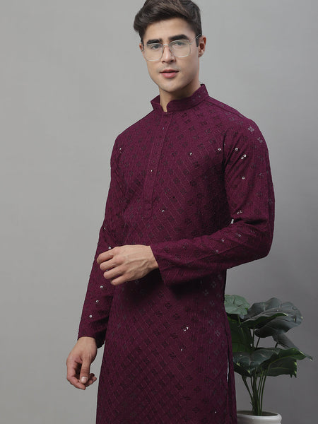 Jompers Men's Purple Chikankari Embroidered and Sequence Kurta
