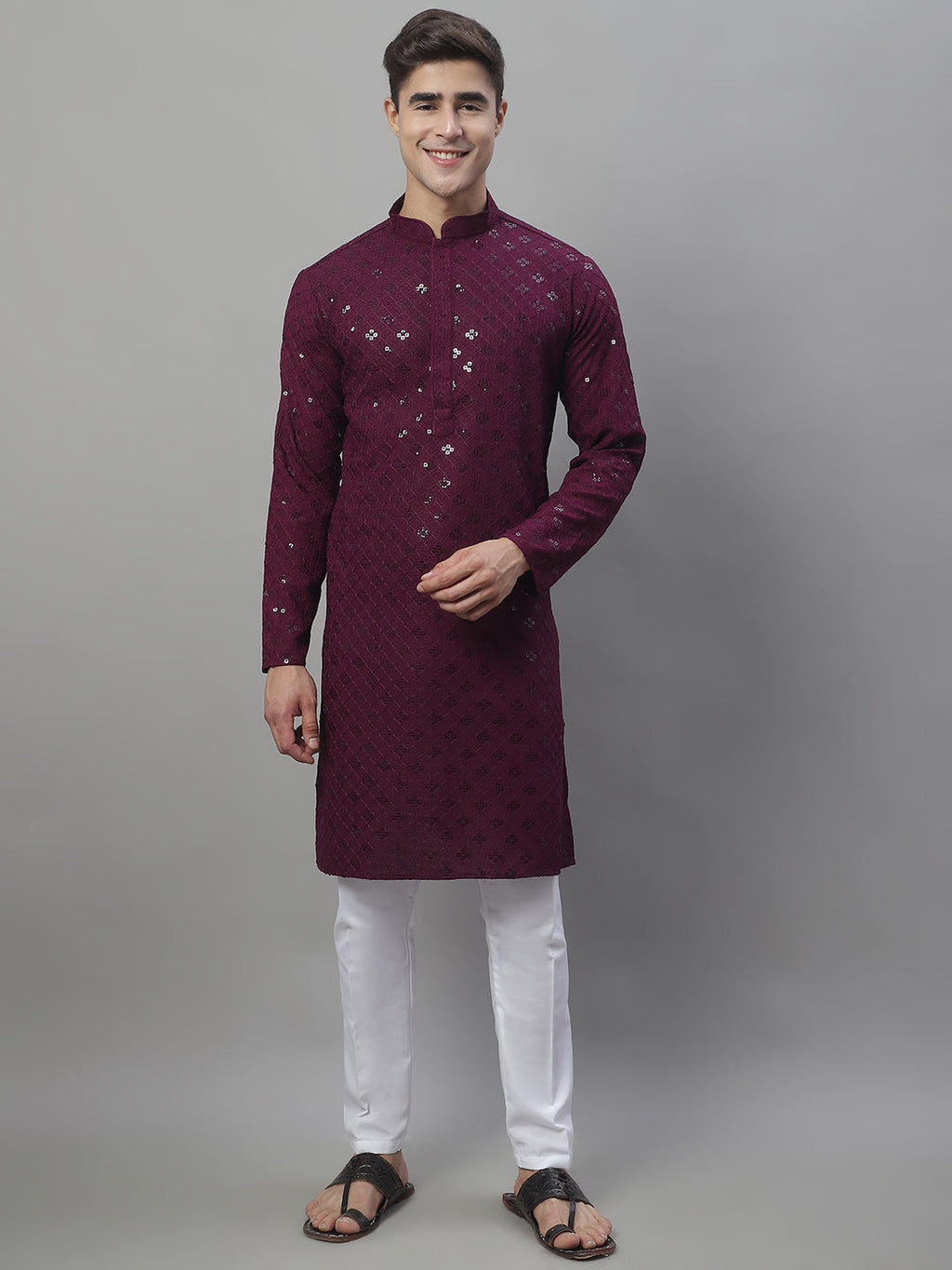 Jompers Men's Purple Chikankari Embroidered and Sequence Kurta