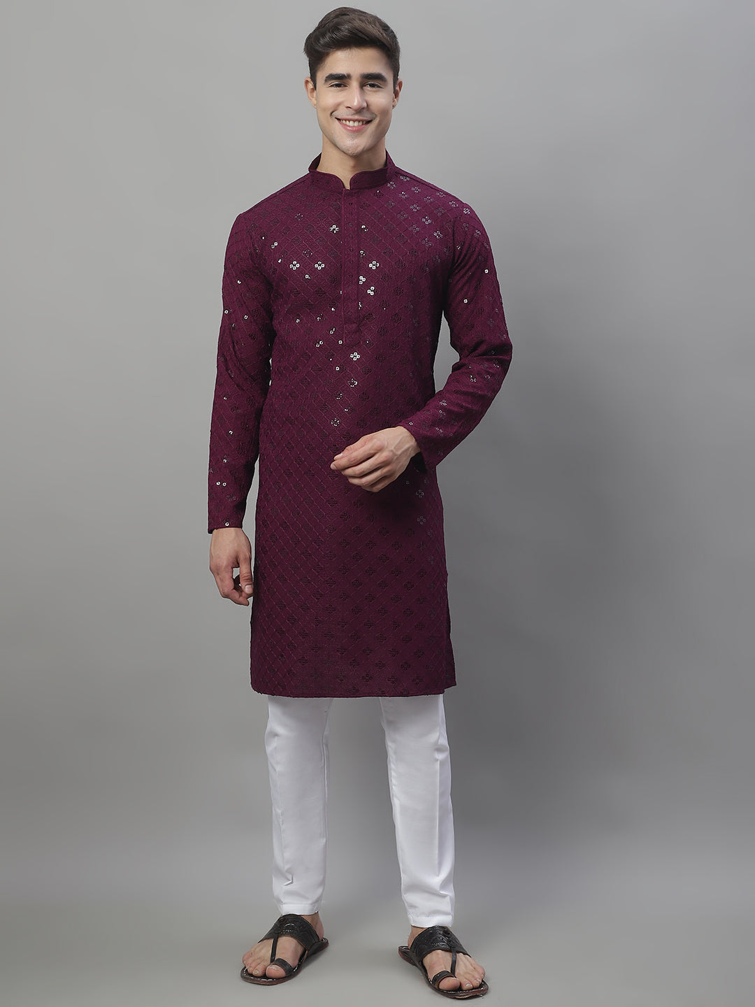 Jompers Men's Purple Chikankari Embroidered and Sequence Kurta