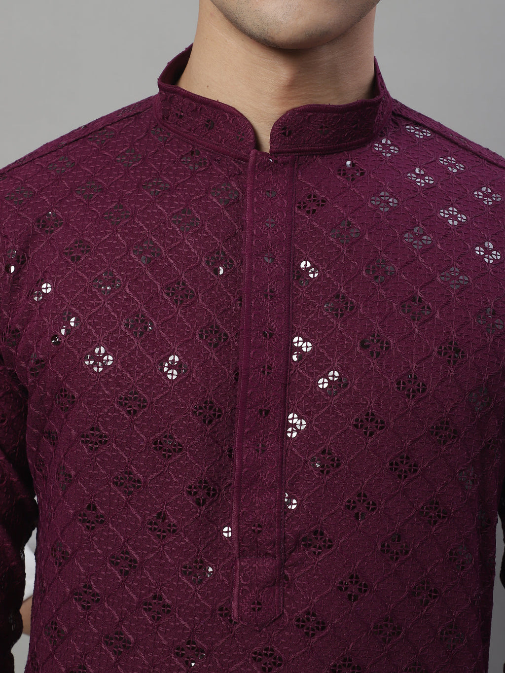 Jompers Men's Purple Chikankari Embroidered and Sequence Kurta